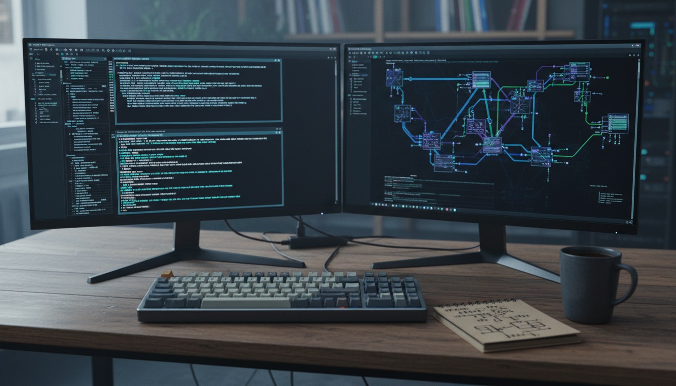 Two-monitor workstation with terminal windows, network diagram, and a mechanical keyboard